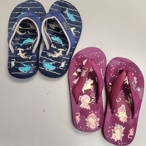 2 Pairs Used Twinkle Kids Flip-Flops - Navy & Magenta Shark and Unicorn Prints